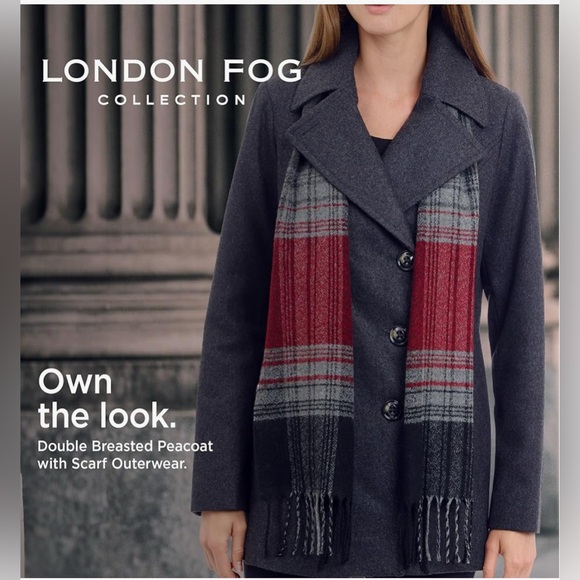 LONDON FOG womens Double Breasted Peacoat With Scarf, Dark Grey, Small - Picture 2 of 6